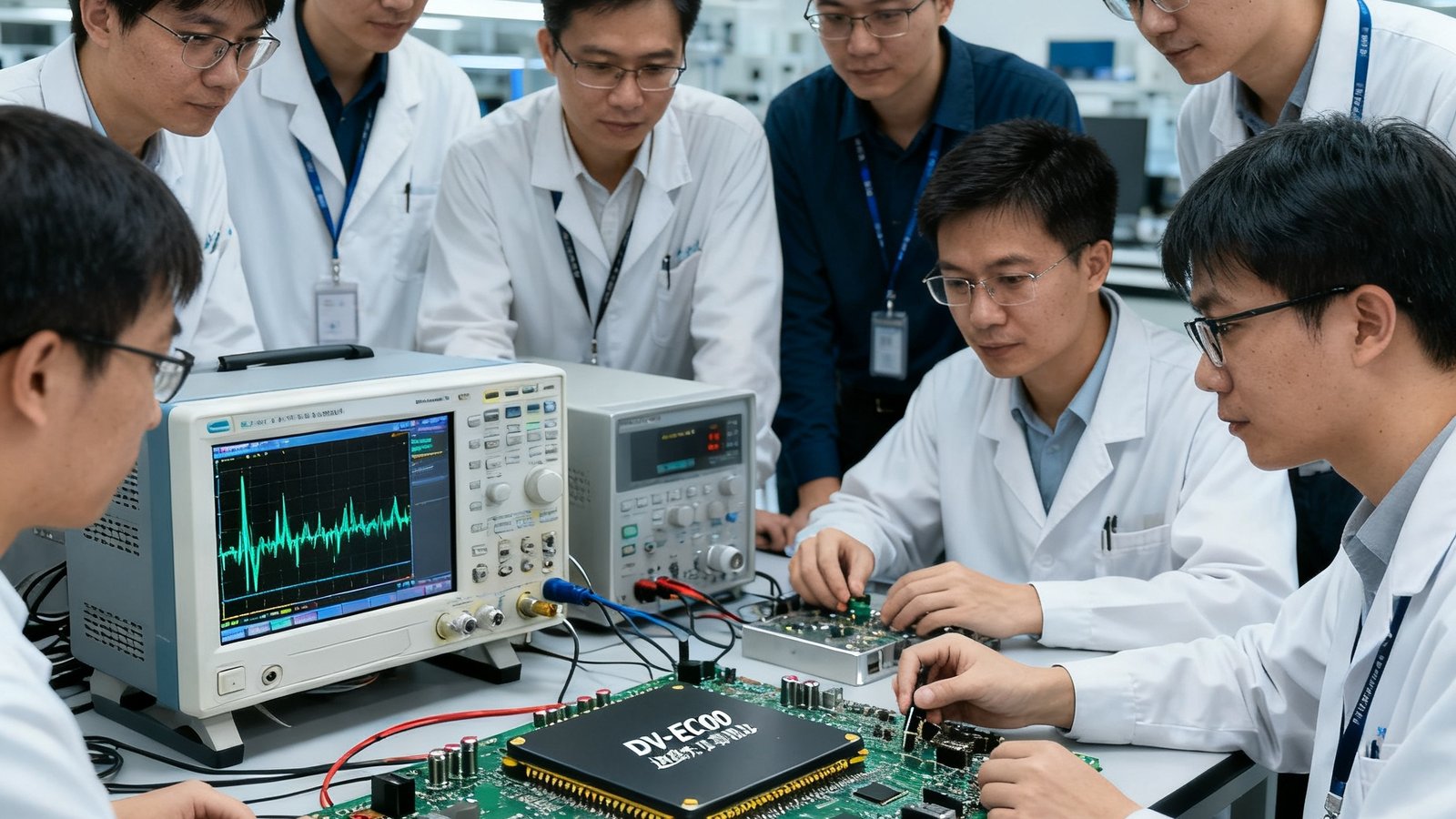 DB视讯深圳总部实验室中，8名研发工程师围绕测试台调试第三代DV-EC300边缘计算视讯芯片，示波器显示波形数据