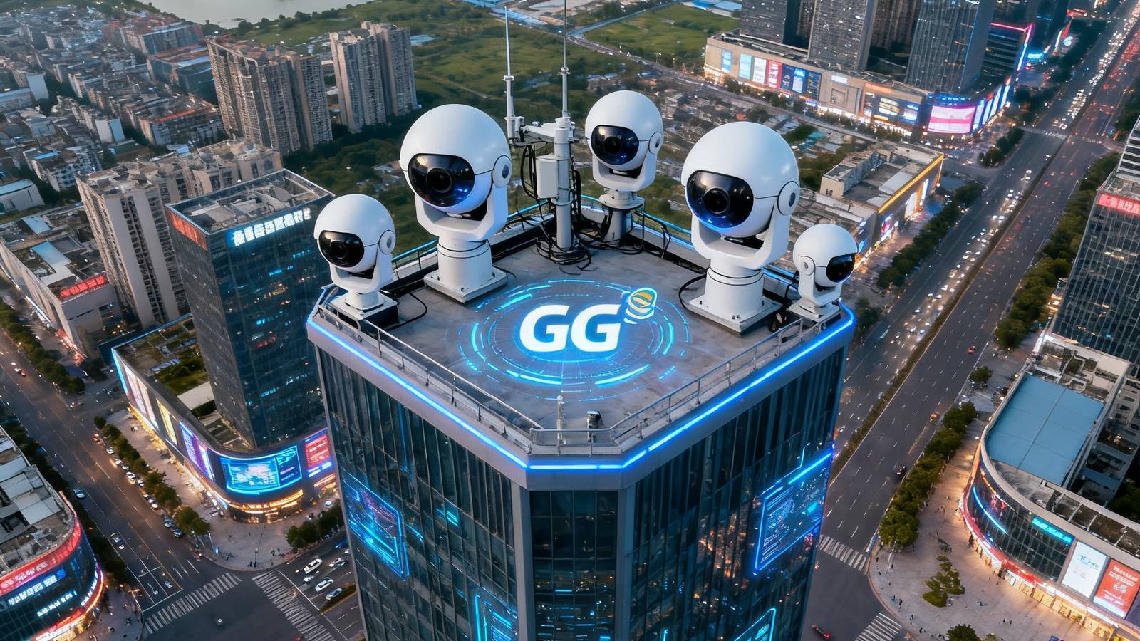 智慧城市全景监控系统在高楼顶部部署多台5G高清球型摄像头，俯瞰城市主干道与商业建筑群，画面覆盖范围达5平方公里