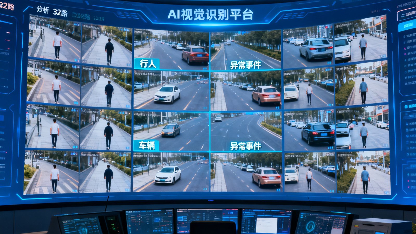 大型监控中心曲面大屏上AI视觉识别平台同时分析32路视频流，自动标注行人、车辆和异常事件